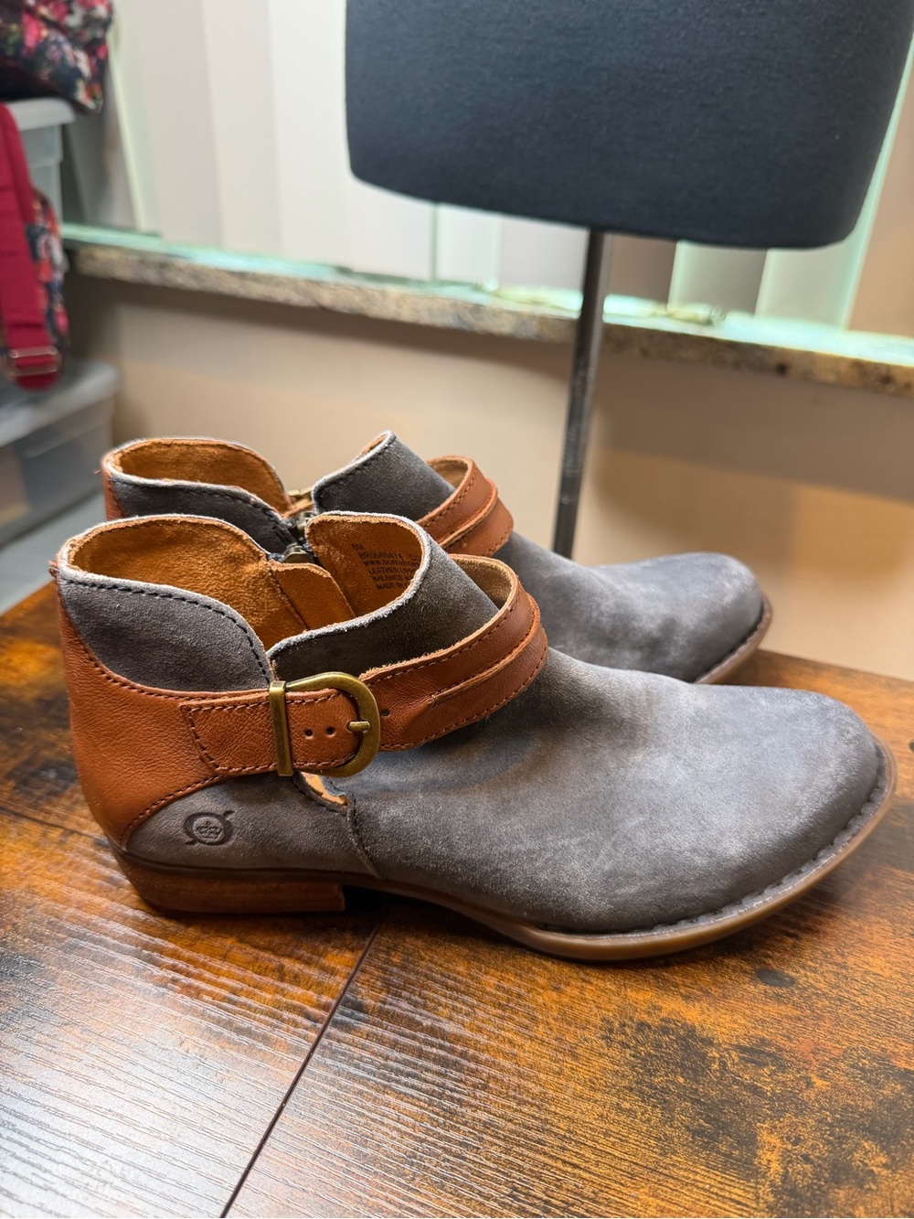 Born Kati Women's Leather Two-Tone Gray and Brown Ankle Boot with Buckle Size 8